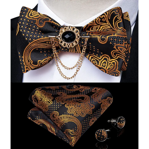 Business Elegant Gold Black Pattern Elegant Wedding Silk Bowtie Men Butterfly Fashion Bow Ties Pocket Square Classic Business Tuxedo Wedding Bowties Handkerchief Set - STEVVEX Fashion - 712, bowtie, bowtie for men, bowties, bridegroom bowtie, business bowtie, charming bowtie, classic bowtie, elegant bowtie, fashion bowtie, fashionable bowtie, luxury bowtie, mens bowtie, new design bowtie, party bowtie, retro bowtie, silk bowtie, stylish bowtie, vintage bowtie, wedding bowtie - Stevvex.com