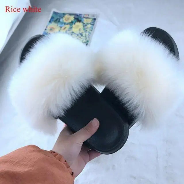 Cute Fluffy Ladies Indoor Warm Slippers Furry Luxury Flip Flops Women’s Fashion Flat Soft Flip Flops - White / 36