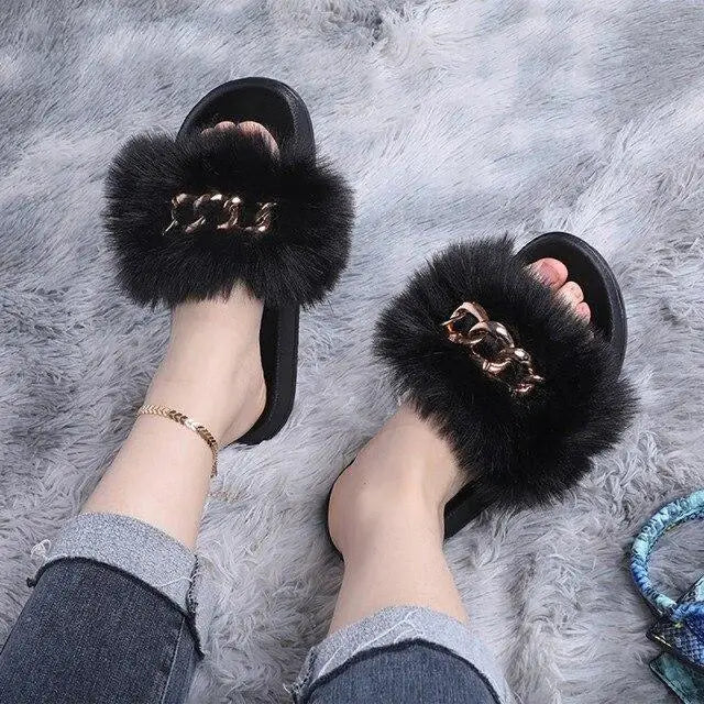 Cute Fluffy Ladies Indoor Warm Slippers Furry Luxury Flip Flops Women’s Fashion Flat Soft Flip Flops - Cool black