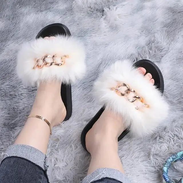 Cute Fluffy Ladies Indoor Warm Slippers Furry Luxury Flip Flops Women’s Fashion Flat Soft Flip Flops - Bright white