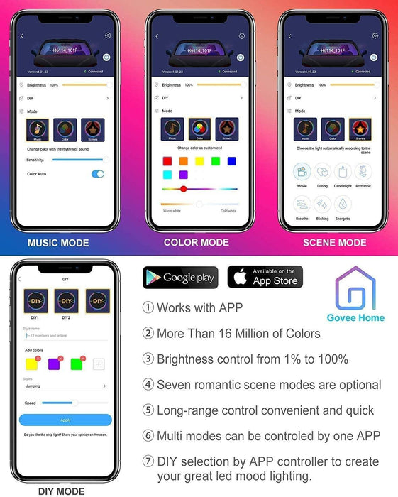 Interior Car Lights LED Car Strip Lights with Two-Line Waterproof Design RGB LED Strip Light With USB Wireless Remote Music Control Multiple Modes and Music Sync Under Dash Car Lighting with Car Charger, DC 12V