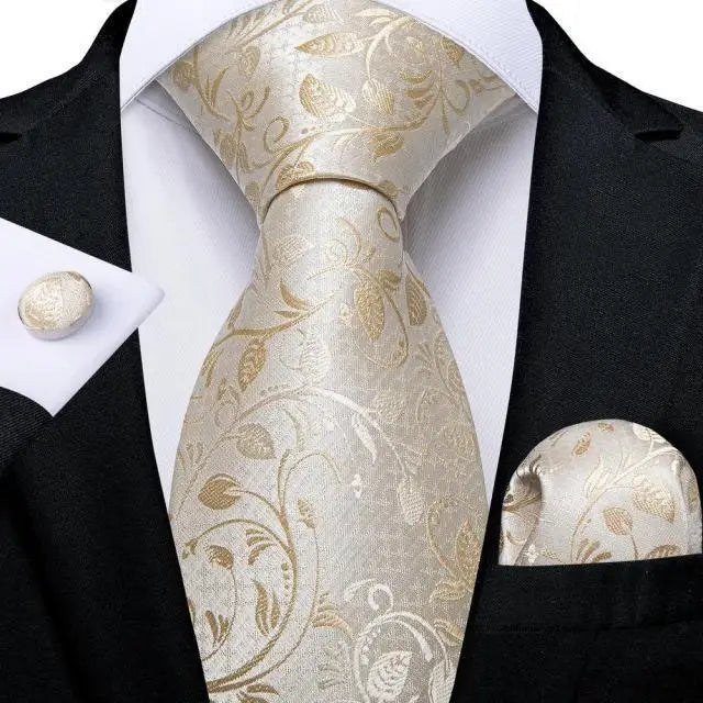 Elegant Business Yellow Gold Ties Men Charming Handkerchiefs Cufflinks Set Unique Design Men Tie Set For Wedding Suit