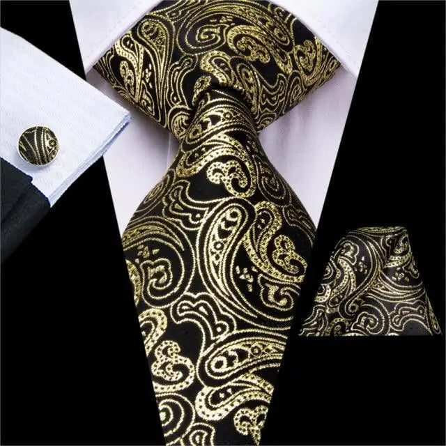 Elegant Business Yellow Gold Ties Men Charming Handkerchiefs Cufflinks Set Unique Design Men Tie Set For Wedding Suit