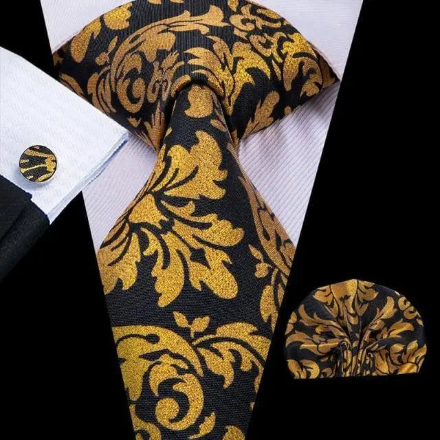 Elegant Business Yellow Gold Ties Men Charming Handkerchiefs Cufflinks Set Unique Design Men Tie Set For Wedding Suit