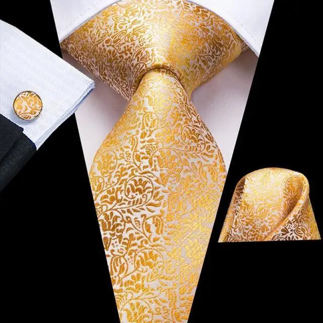 Elegant Business Yellow Gold Ties Men Charming Handkerchiefs Cufflinks Set Unique Design Men Tie Set For Wedding Suit