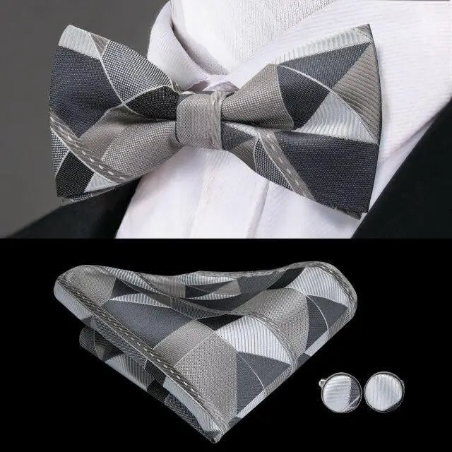 Elegant Silk Butterfly Business Bow Tie Pocket Square Cufflinks Set For Men Formal Wedding Bowtie Set For Office - 12