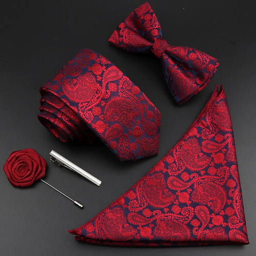 Fashion Red Business Necktie Matching Bowtie Flower Vintage Design Set For Men Self - Tie Bow Tie And Pocket Square