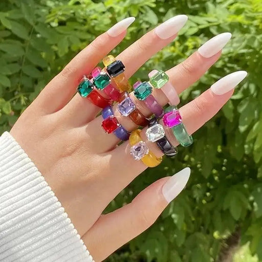 Handmade Retro Modern Luxury Sterling Acrylic Colorful Rectangle Rhinestone Rings for Women And Girls Nice Transparent