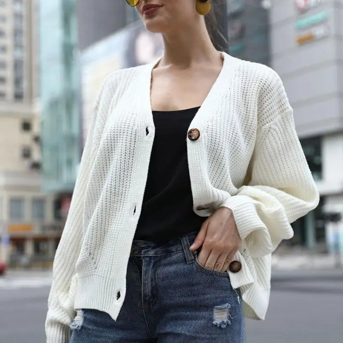 Hot Look Stylish Women’s Knitted Cardigans Sweater Fashionable Autumn Long Sleeve Loose Coat Casual Button Thick V