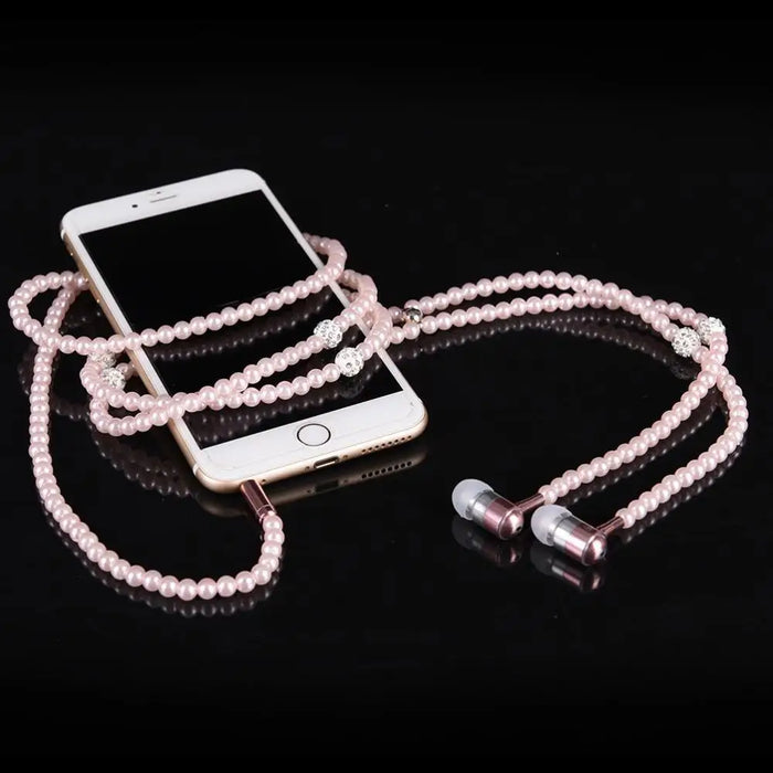 Ladies Luxury Pearl Necklace Pink Earphones With Mic Excellent Sound Quality Stereo Earphones For Everyday