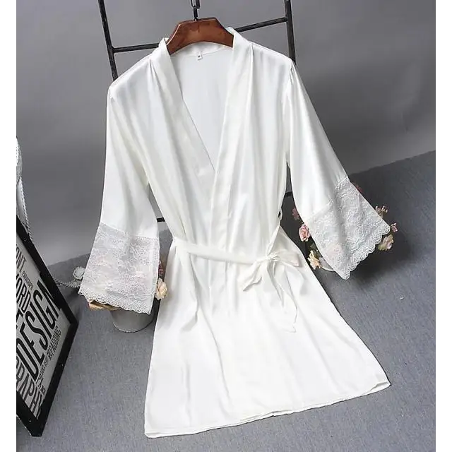 Lightweight Pink Women Sleepwear Classic Design Silk Bathrobe Lace Trim Bridesmaid Bride Party Robes - Bright white / M