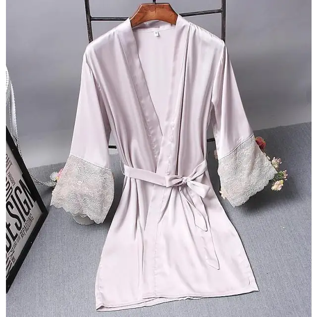 Lightweight Pink Women Sleepwear Classic Design Silk Bathrobe Lace Trim Bridesmaid Bride Party Robes - Light gray / M