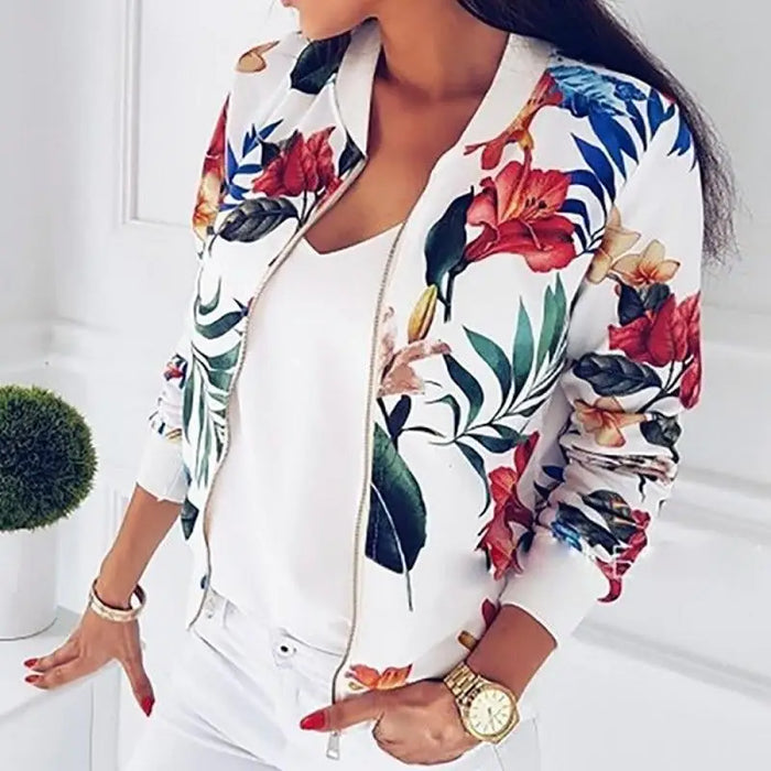 Luxurious Women Floral Jackets Spring Summer Long Sleeve Zipper Print Bomber Jacket Casual Pocket Slim Female Fashion