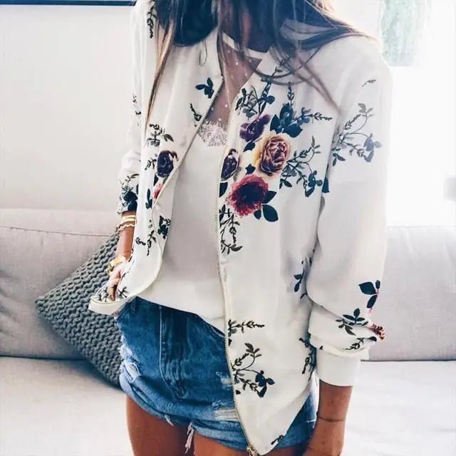 Luxurious Women Floral Jackets Spring Summer Long Sleeve Zipper Print Bomber Jacket Casual Pocket Slim Female Fashion