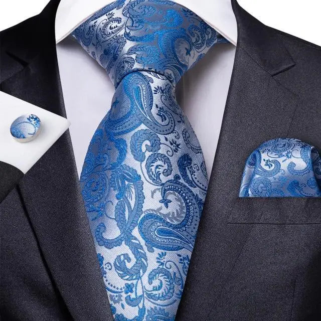 Luxury Blue Silk Design Wedding Tie For Men Necktie Pocket Square Cufflink Set Formal Business Meeting Necktie For Men