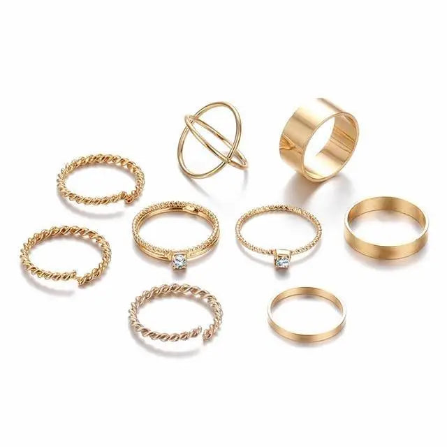 Modern Gold Color Round Hollow Geometric Rings Set For Women And Girls Fashionable Cross Twist Open Ring Joint Ring