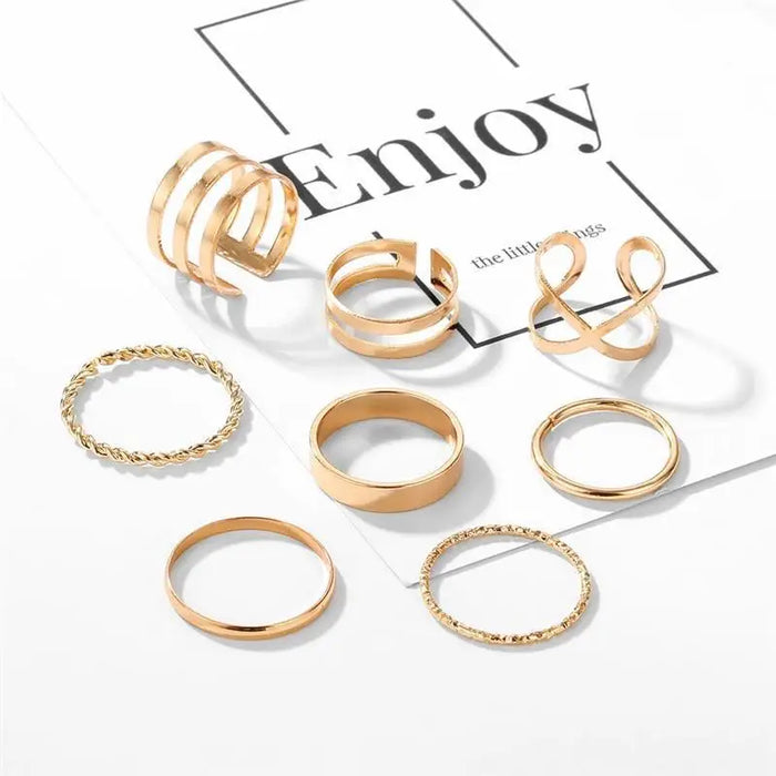 Modern Gold Color Round Hollow Geometric Rings Set For Women And Girls Fashionable Cross Twist Open Ring Joint Ring