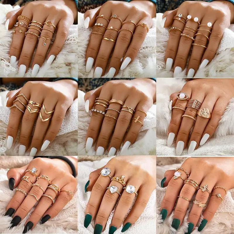 Modern Luxury Ring Set for Girls Splendid Fashionable Crystal Sun Pearl Rings Set for Women And Girls Gold Color Heart