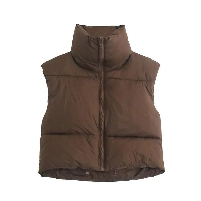 New Chic Lady Fashionable Women’s Casual High Collar In Coffee Color Short Outwear Zippers Sleeveless Jackets Vest