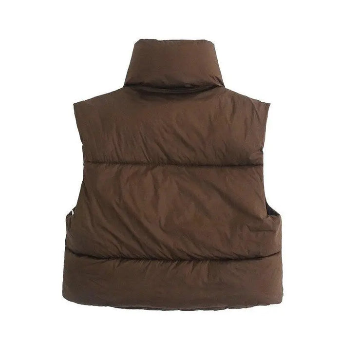 New Chic Lady Fashionable Women’s Casual High Collar In Coffee Color Short Outwear Zippers Sleeveless Jackets Vest