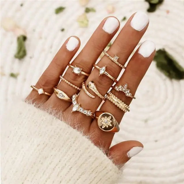 New Crystal Finger Rings Gold Evil Eye Ring Set For Females Trendy Turquoise Flower Rings Fashionable Jewelry