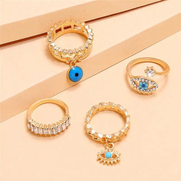 New Crystal Finger Rings Gold Evil Eye Ring Set For Females Trendy Turquoise Flower Rings Fashionable Jewelry