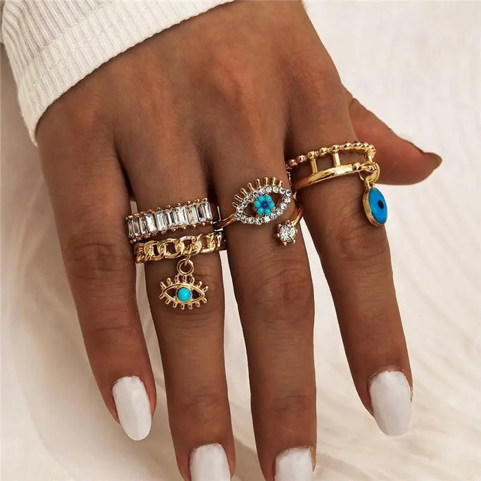 New Crystal Finger Rings Gold Evil Eye Ring Set For Females Trendy Turquoise Flower Rings Fashionable Jewelry