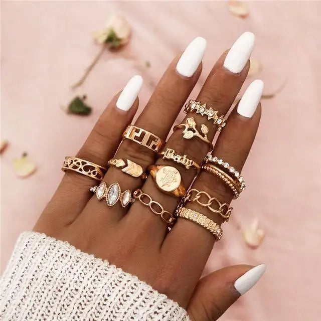 New Crystal Finger Rings Gold Evil Eye Ring Set For Females Trendy Turquoise Flower Rings Fashionable Jewelry