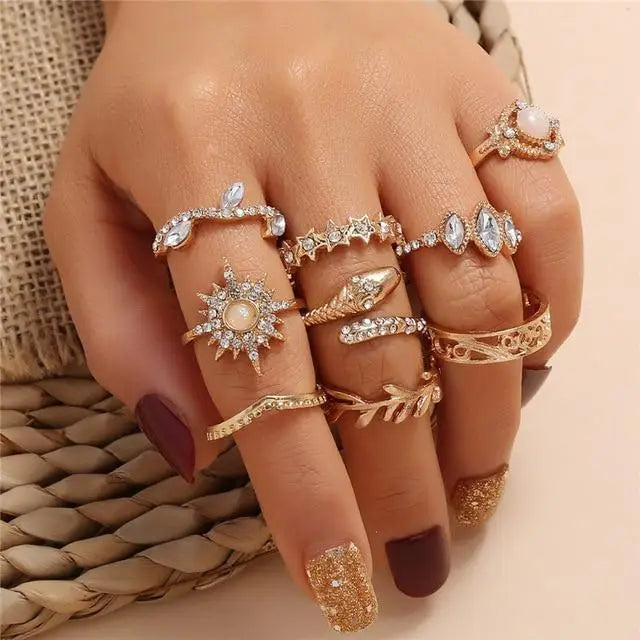 New Crystal Finger Rings Gold Evil Eye Ring Set For Females Trendy Turquoise Flower Rings Fashionable Jewelry