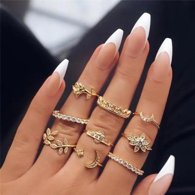 New Crystal Finger Rings Gold Evil Eye Ring Set For Females Trendy Turquoise Flower Rings Fashionable Jewelry