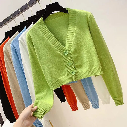 New Elegance And Fashionable Knitted Crop Cardigan For Women And Girls Short Sweater Long sleeve V neck Green Blue