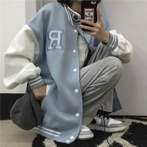 New Elegance Spring Autumn Coat Baseball Bomber Jacket Loose Letter R Men Women Couples Tops Plus Size Jackets