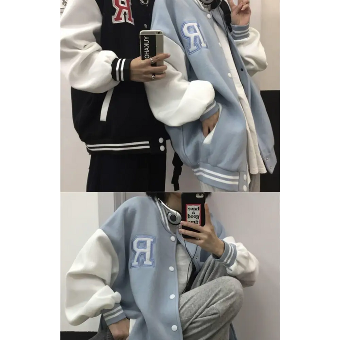 New Elegance Spring Autumn Coat Baseball Bomber Jacket Loose Letter R Men Women Couples Tops Plus Size Jackets