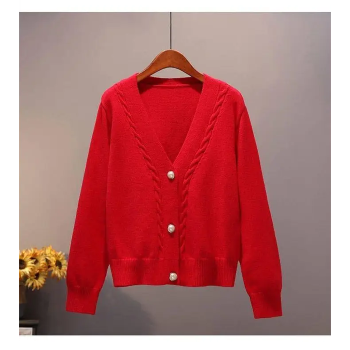 New Stunning Sweater Cardigan For Women Autumn Winter V Neck Pearl Single Breasted Loose Short Thicken Sweater Sweet