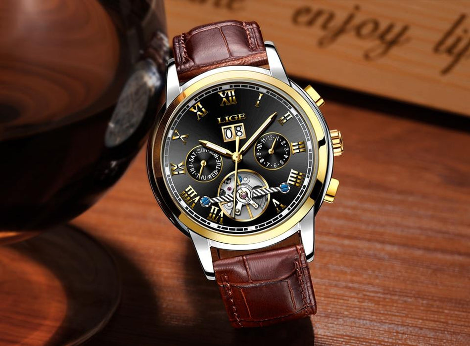 Business Men's Waterproof Watch With Chronometers Date Large Roman Numerals And Decorative Spiral