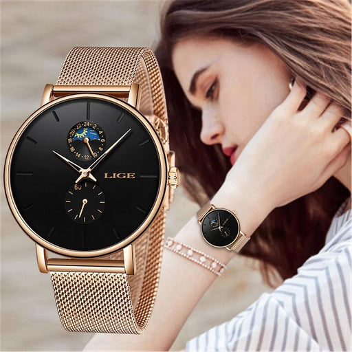 Women's Elegant Waterproof Watch With Chronometers And Braided Stainless Steel Bracelet Excellent Design Perfect Gift