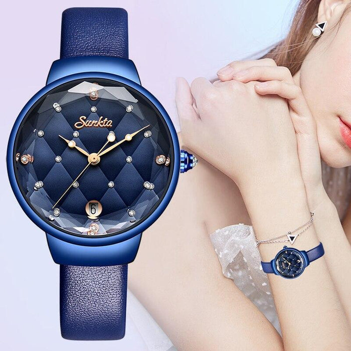 Womens Modern Waterproof Wristwatch With Knitted And Leather Straps Day View And Protruding Brushed Glass