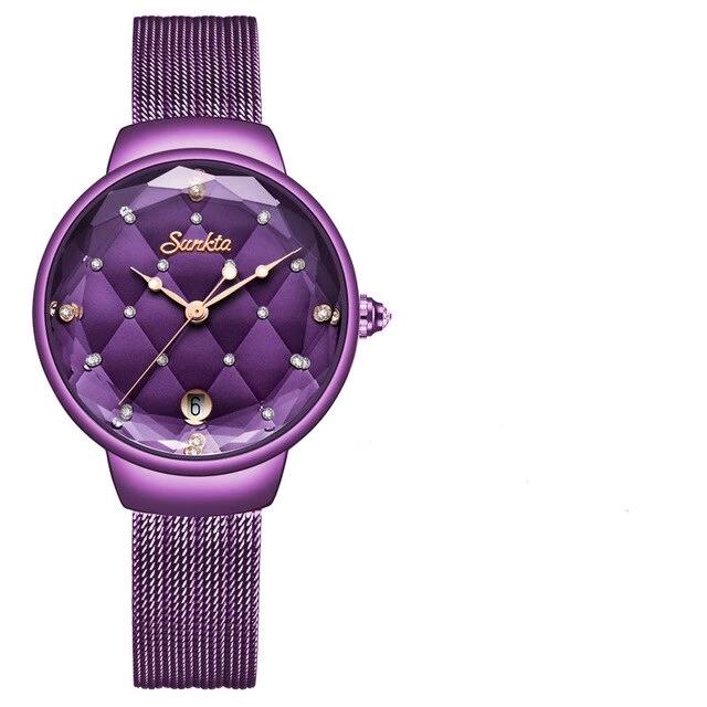 Womens Modern Waterproof Wristwatch With Knitted And Leather Straps Day View And Protruding Brushed Glass