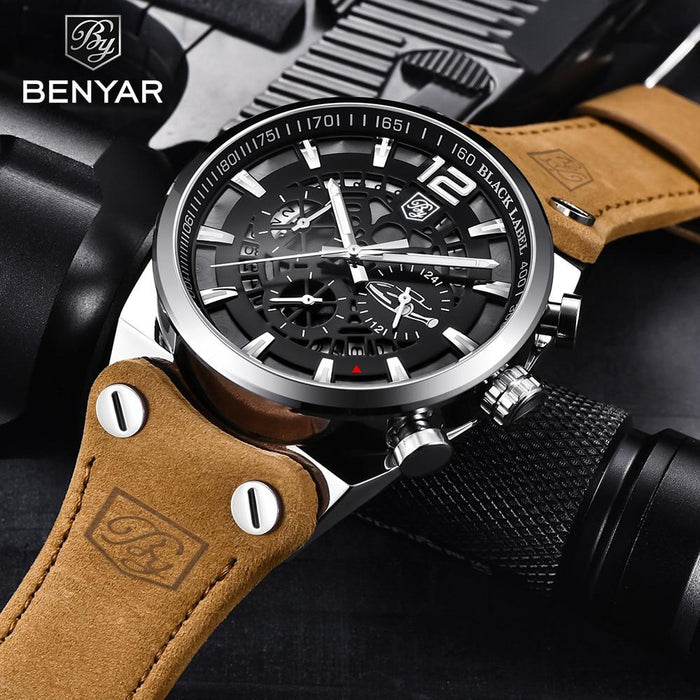 Mens Military Army Watches Analog Chronograph Watch Genuine Leather Strap Sports Casual Waterproof Male Quartz Wristwatch