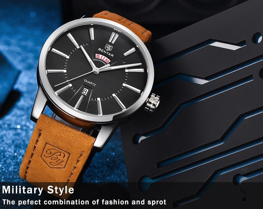 Business Fashion Men Watches Brown Luxury Military Leather Band Wristwatches  Date Week Display Watch