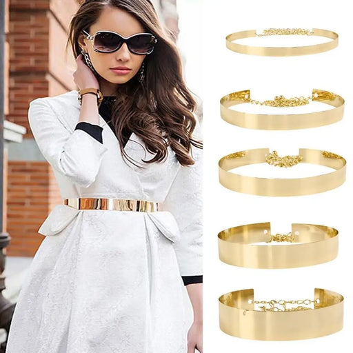 Shiny Women Metal Belt Luxurious Gold Dress Chain Belts Elegant Polished Adjustable Metal Mirror Waist Belt