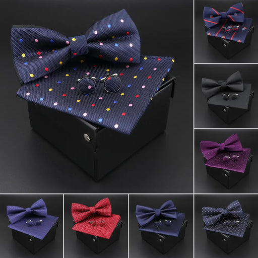 Trendy Tiny Dots Print Bowtie With Pocket Square And Cufflinks Set For Men Retro Butterfly Party Wedding Bowties