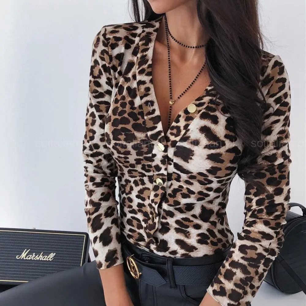 Unique Design Women’s Snakeskin Leopard Print Blouse Ladies Casual Long Sleeve V - neck Button Down Bodycon Slim Fit