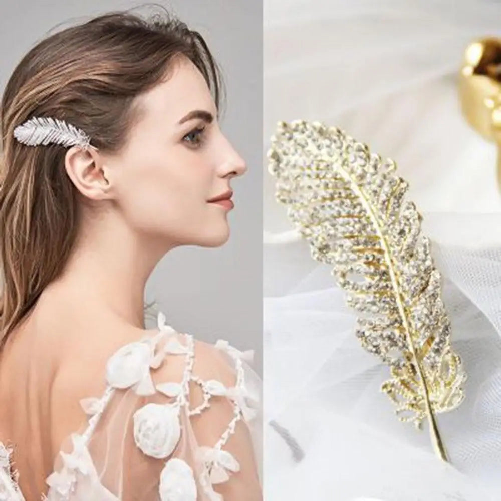 Unique Rhinestones Luxurious Feather Hair Crystal Hairpin For Women Luxury Feather Gold And Silver Hair Clip For Women