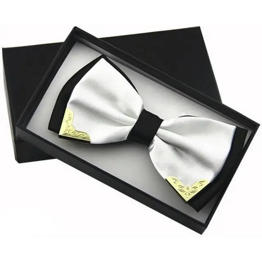 White Men Elegant Polyester Butterfly Bowtie Metal Corners Wedding Bowtie Party Bow Ties - STEVVEX Fashion - 712, bowtie, bowtie for men, bowties, boys bowtie, butterfly bowtie, casual bowtie, classic bowtie, double layer bowtie, elegant bowtie, fashion bowtie, fashionable bowtie, mens bowtie, metal corner bowtie, metal edges bowtie, modern bowtie, new design bowtie, party bowtie, printed bowtie, retro bowtie, stylish bowtie, trendy bowtie, unique bowtie, vintage bowtie, wedding bowtie - Stevvex.com