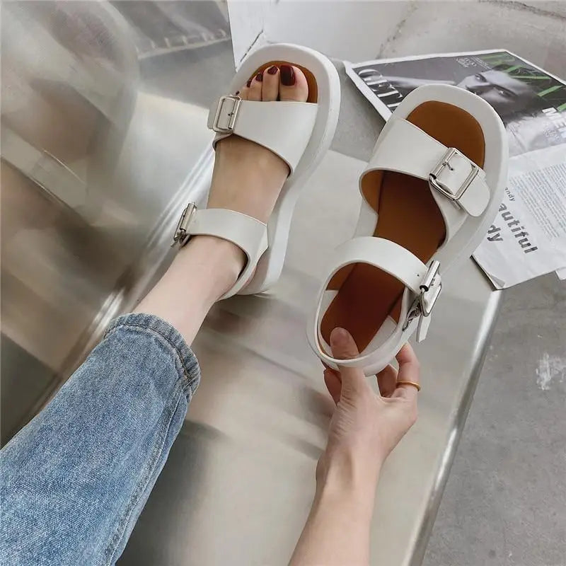 White Womans Sandals Flat Round Sandals Elegant Modern Buckle Strap Comfort Design - ALLURELATION - 502, Beach Sandals, Buckle Strap, Buckle Strap Sandals, Casual Womens Shoes, Classic Women's Sandals, Comfort Sandals, Elegant Sandals, Leather Strap Sandals, Round Sandals, Sandals, Shoes, Short Heels Sandals, Summer Sandals, White Sandals, Women Sandals, Women Shoes, Womens Sandals, Womens Shoes - Stevvex.com