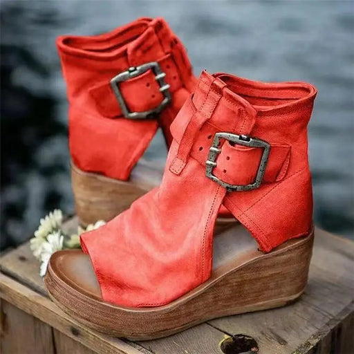 Womens Red Sandals Summer Retro Peep Toe Elegant Comfortable Leather Design For Women - ALLURELATION - 502, Buckle Strap, Buckle Strap Sandals, Casual Womens Shoes, Colorful Sandals, Comfort Sandals, Elegant Sandals, Fashion Sandals, Sandals, Shoes, Strong Sandals, Stylish Sandals, Summer Sandals, Women Sandals, Women Shoes, Womens Sandals, Womens Shoes - Stevvex.com