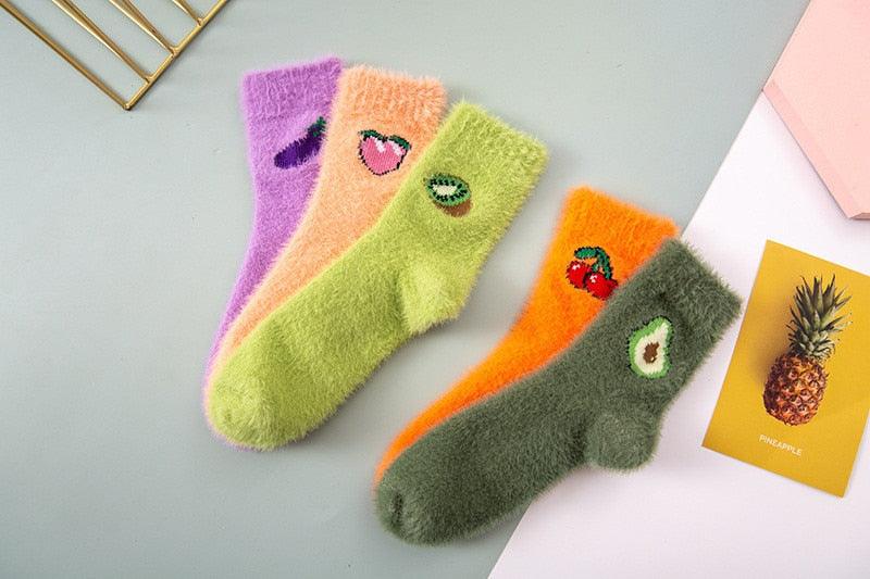 1 pairs Thermal Fluffy Socks Autumn-Winter New Year Socks New Fashion Warm Avocado Cherry Eggplant Socks Warm Ankle Socks Winter Socks For Men And Women