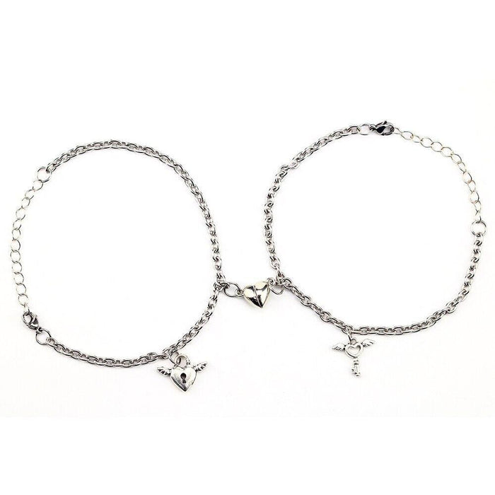 1Pair Couple Bracelets Magnetic Bracelet Heart Shaped Stainless Steel Angel Wing Love Lock Heart Charm Magnet Couples Bracelet Stainless Steel Chain Bracelets Charm Jewelry Matching Relationship Bracelets