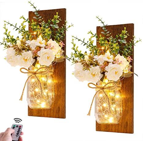 2 Pack Rustic  Jar Fairy Strip Lights Wall Decor Hydrangea Sconces Decorative Home Chic Hanging LED FlowersHanging Design with Remote Control LED Fairy Lights and White Peony, Farmhouse Kitchen Decorations Wall Home Decor Living Room Lights Set of Two